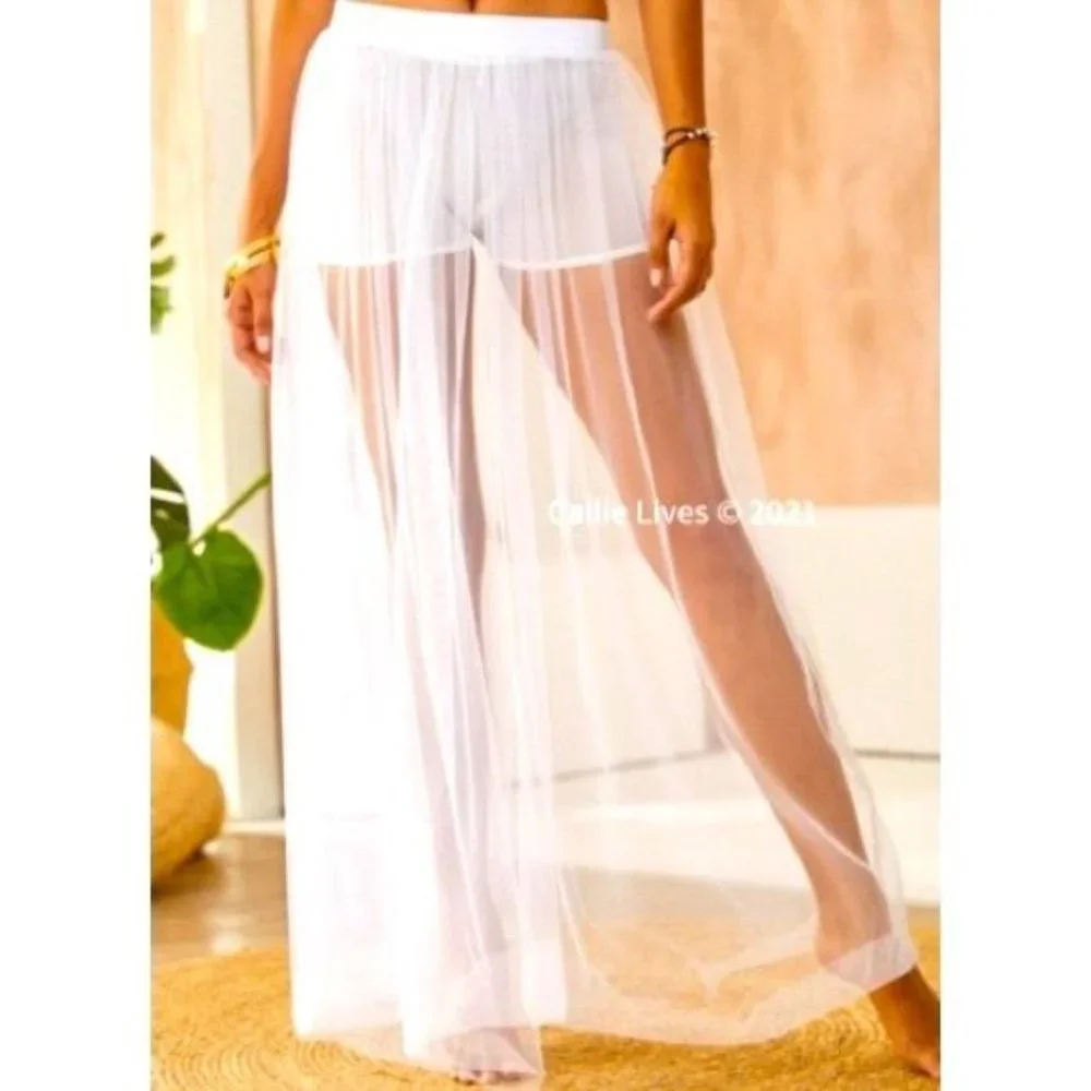 Callie White Mesh: Tulle Swim Sheer CoverUp Maxi Skirt One Size - Picture 3 of 9